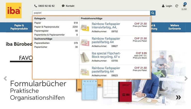 Type-Ahead-Funktion im Online Shop von iba (Screenshot von iba.ch)