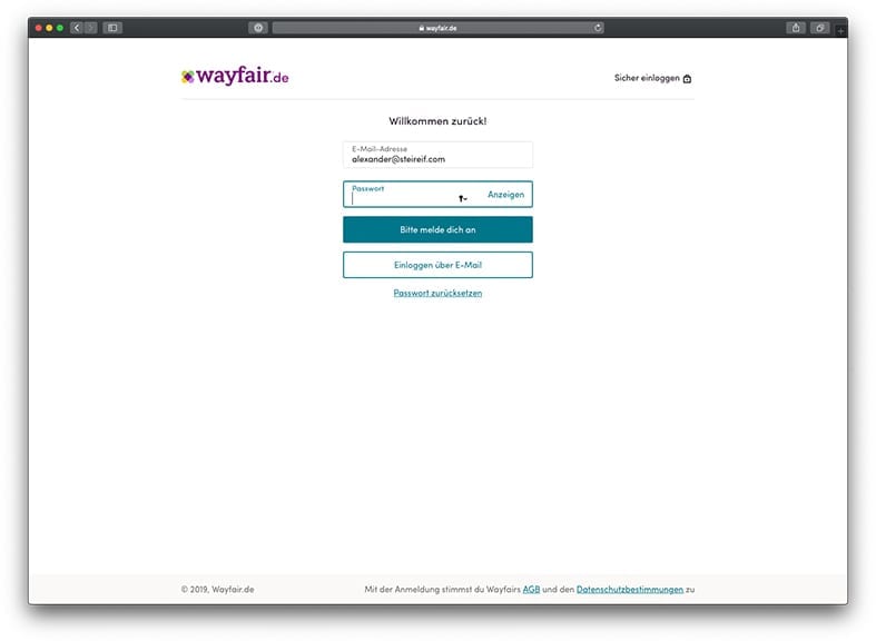 Wayfair Anmeldeprozess